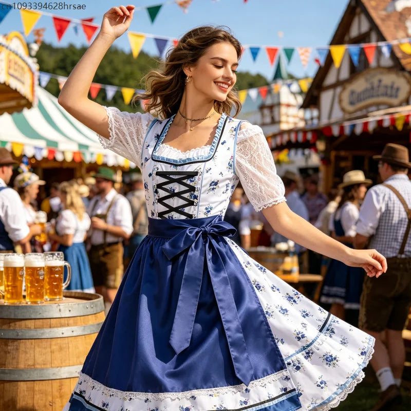 Robe Dirndl Traditionnelle Femme Bleu Blanc Fleurie avec Tablier et Chemisier
