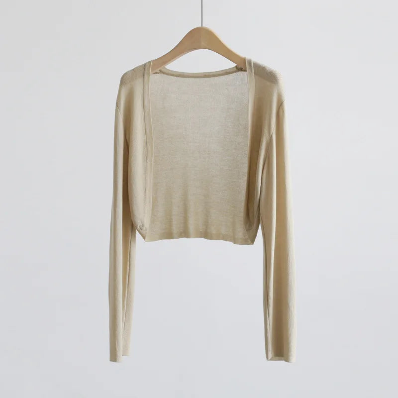 Gilet bolero corto da donna, leggero, tinta unita, aperto, a maniche lunghe