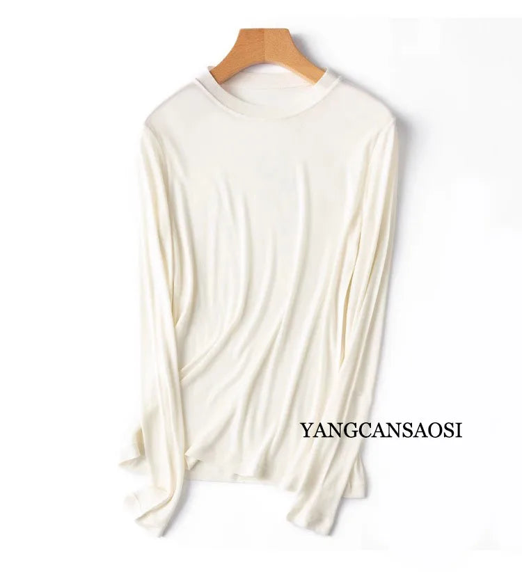 Camiseta lisa de manga larga para mujer con cuello redondo o vuelto
