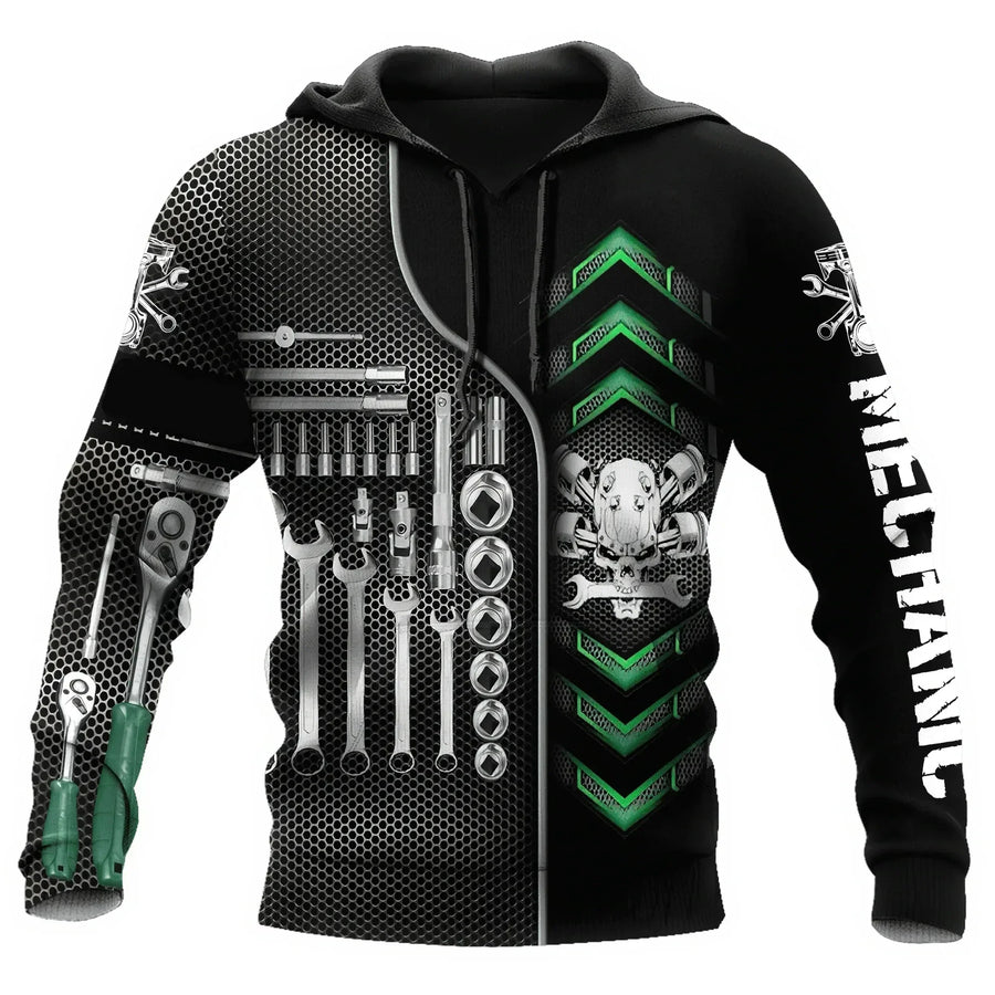 Sweat à Capuche Homme Imprimé Mécanicien Moteur Engrenages Outils
