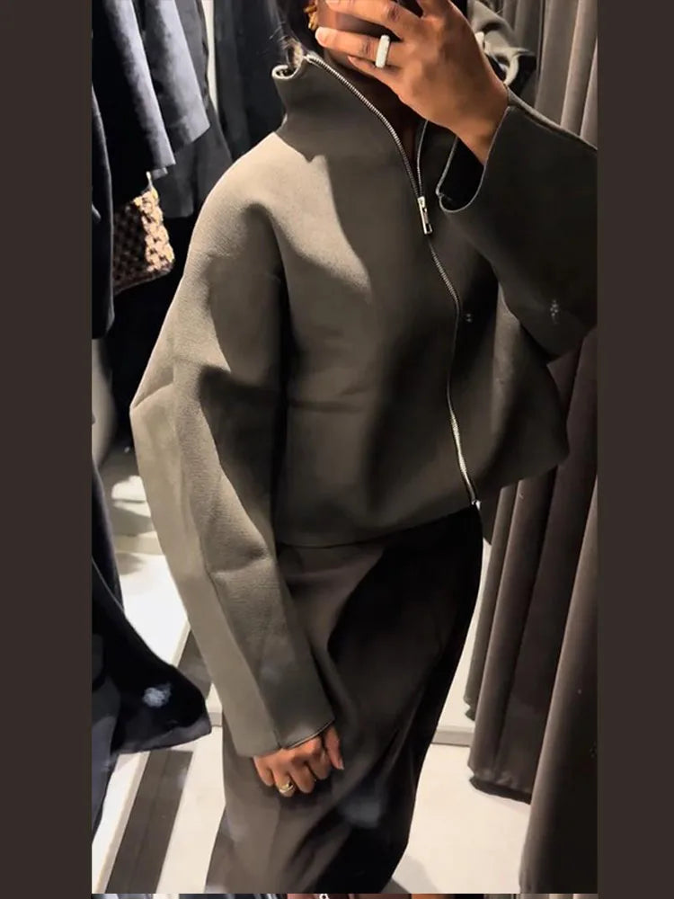 Khaki cropped jacket with stand collar and zip closure