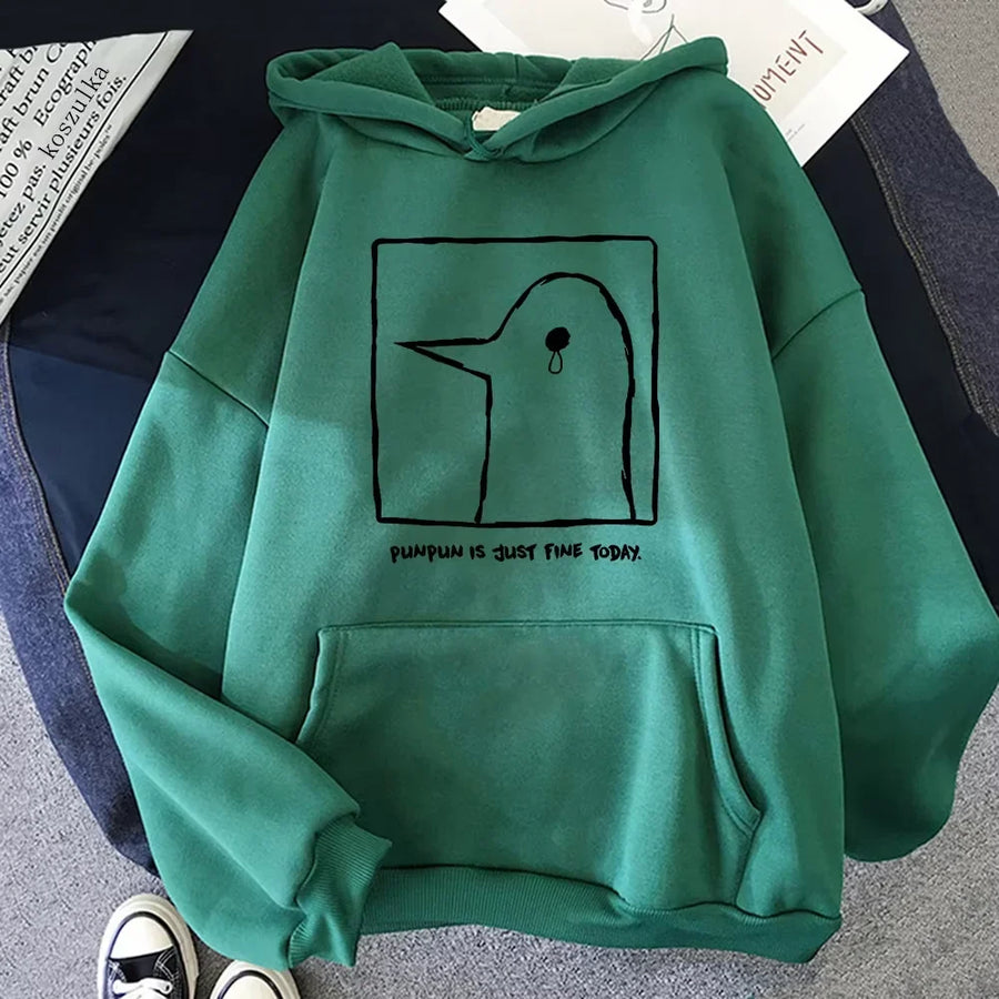 Oversize-Kapuzenpullover in Beige mit Motiv des traurigen Vogels „Punpun“