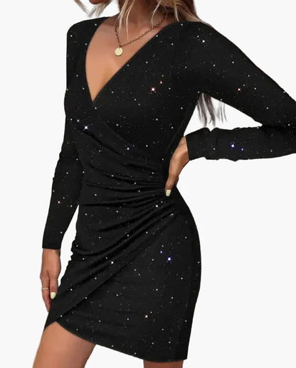 Elegant aftenkjole til kvinder med lange ærmer, slå-om-stil, galakse-look, chic og moderne