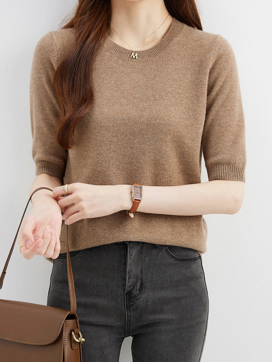 Women's Short-Sleeve Solid-Color Knit Crew-Neck Top