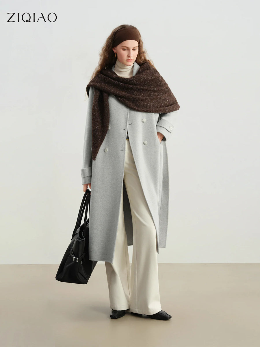Manteau long femme croisé en tissu doux avec col à revers