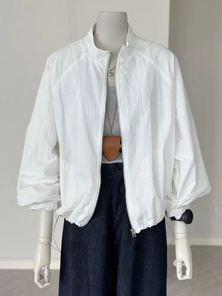 Women's Lightweight High-Collar Zip-Up Jacket with Puff Sleeves
