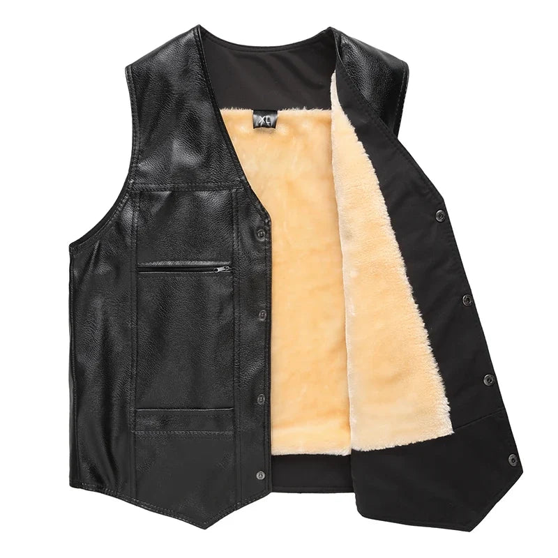 Gilet nero da uomo senza maniche, foderato, stile giacca di pelle
