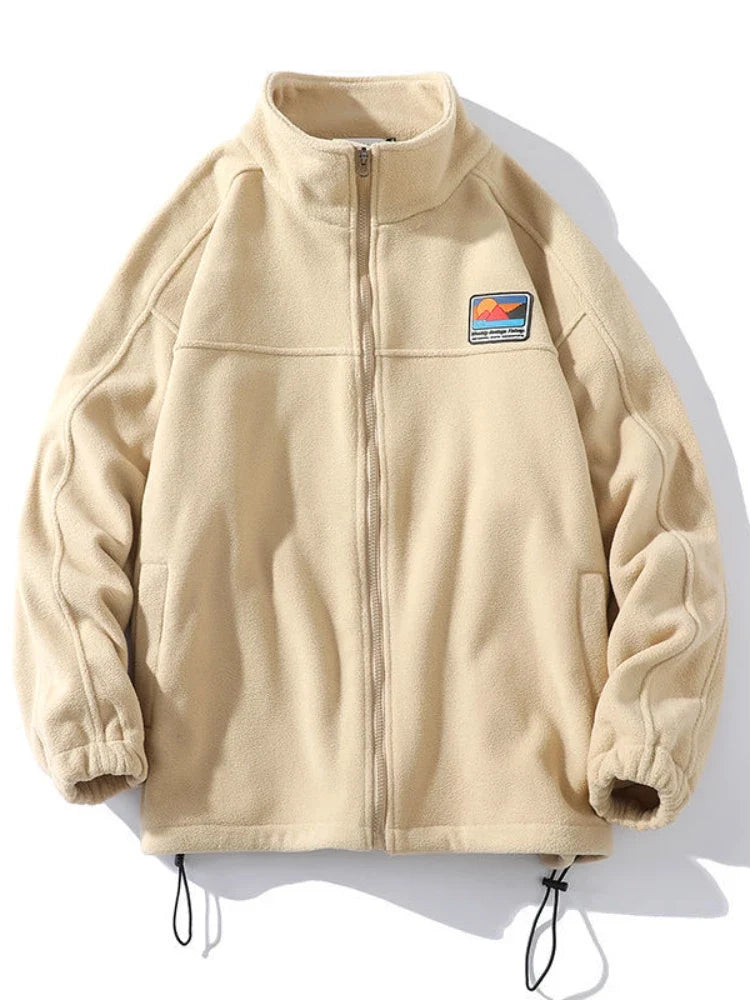 Afslappet beige fleecejakke til mænd med lynlås og høj hals
