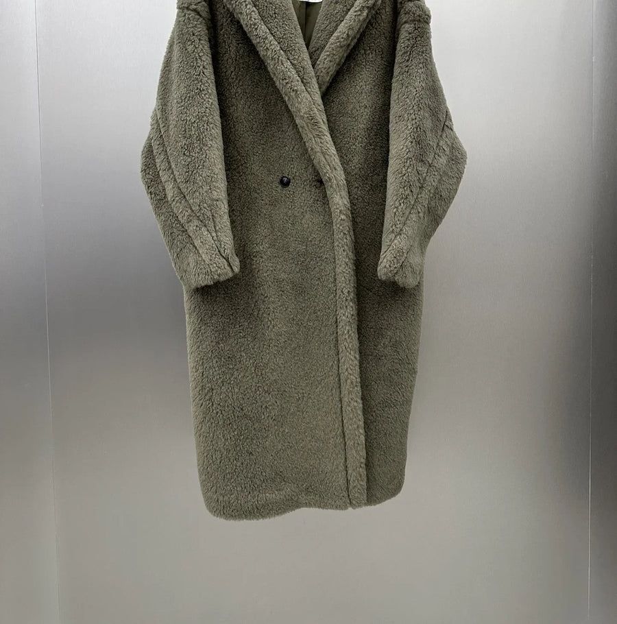 Manteau long femme doux à capuche style Teddy avec moufles assorties