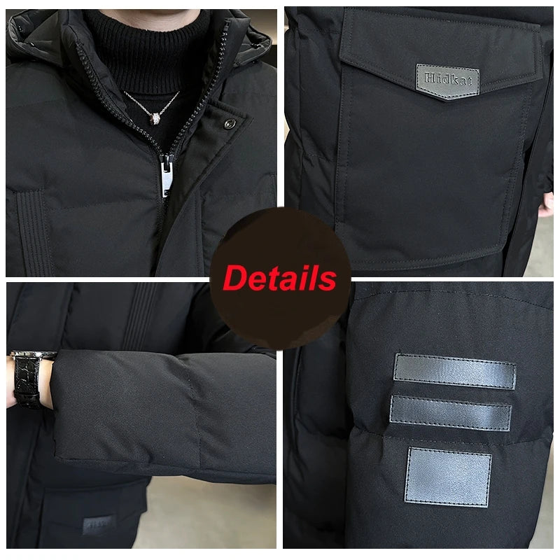 Piumino lungo trapuntato da uomo con cappuccio, cerniera e tasche, per l'inverno