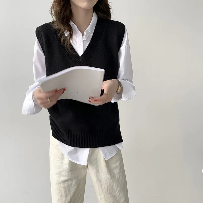 Damesgilet zonder mouwen van effen gebreide stof met V-hals, casual stijl