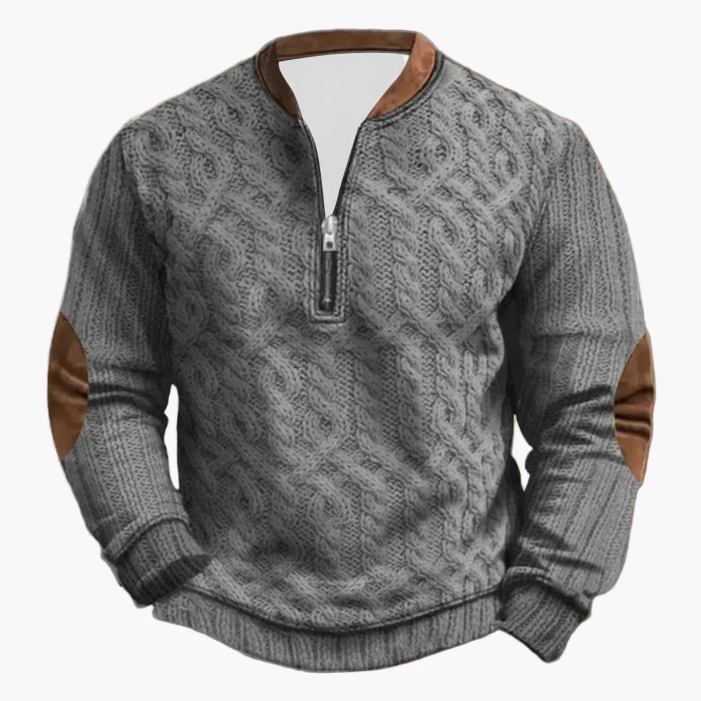 Casual herrsweatshirt med halv dragkedja i outdoor-stil med dekorativa armbågslappar