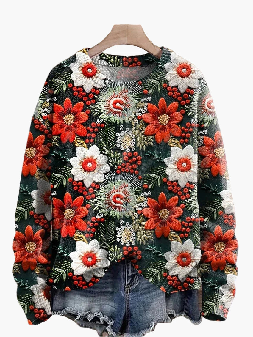 Geborduurde fantasie kersttrui voor dames, casual stijl, ideaal voor feestdagen