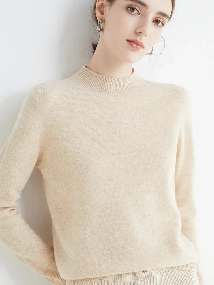 Jersey de punto suave para mujer con cuello alto de canalé y mangas largas