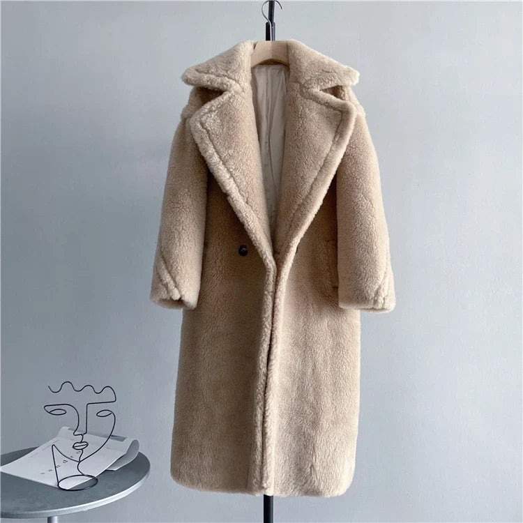 Manteau long femme teddy effet mouton marron chaud