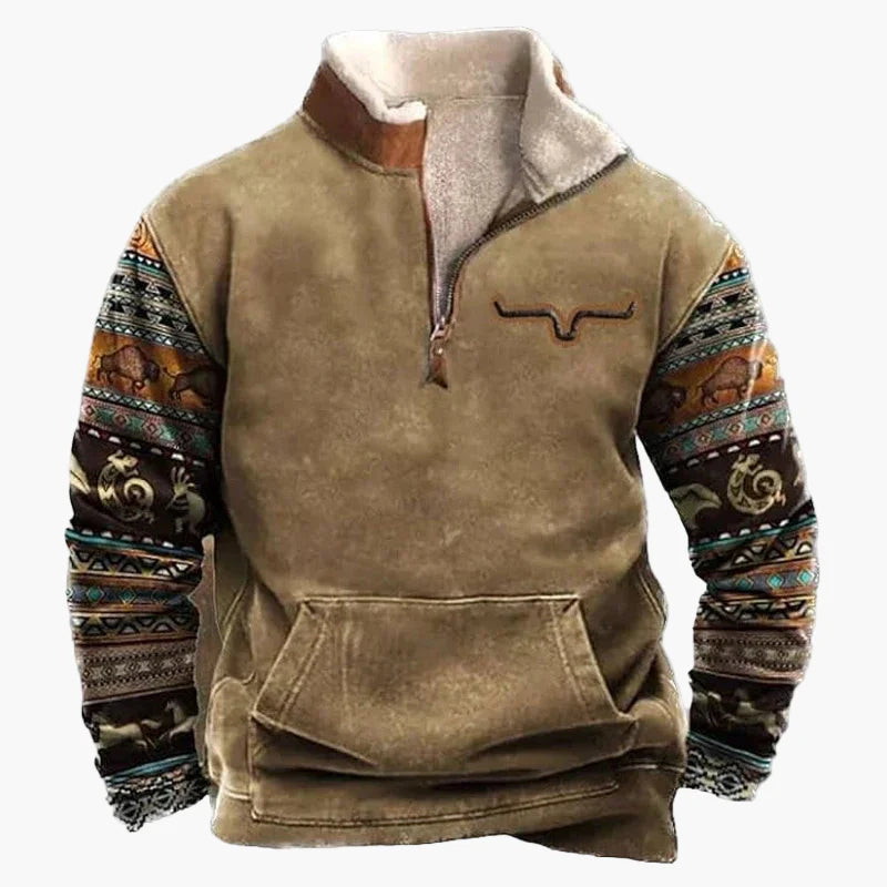Sweat-shirt polaire homme style western à col zippé – Motifs ethniques et bisons