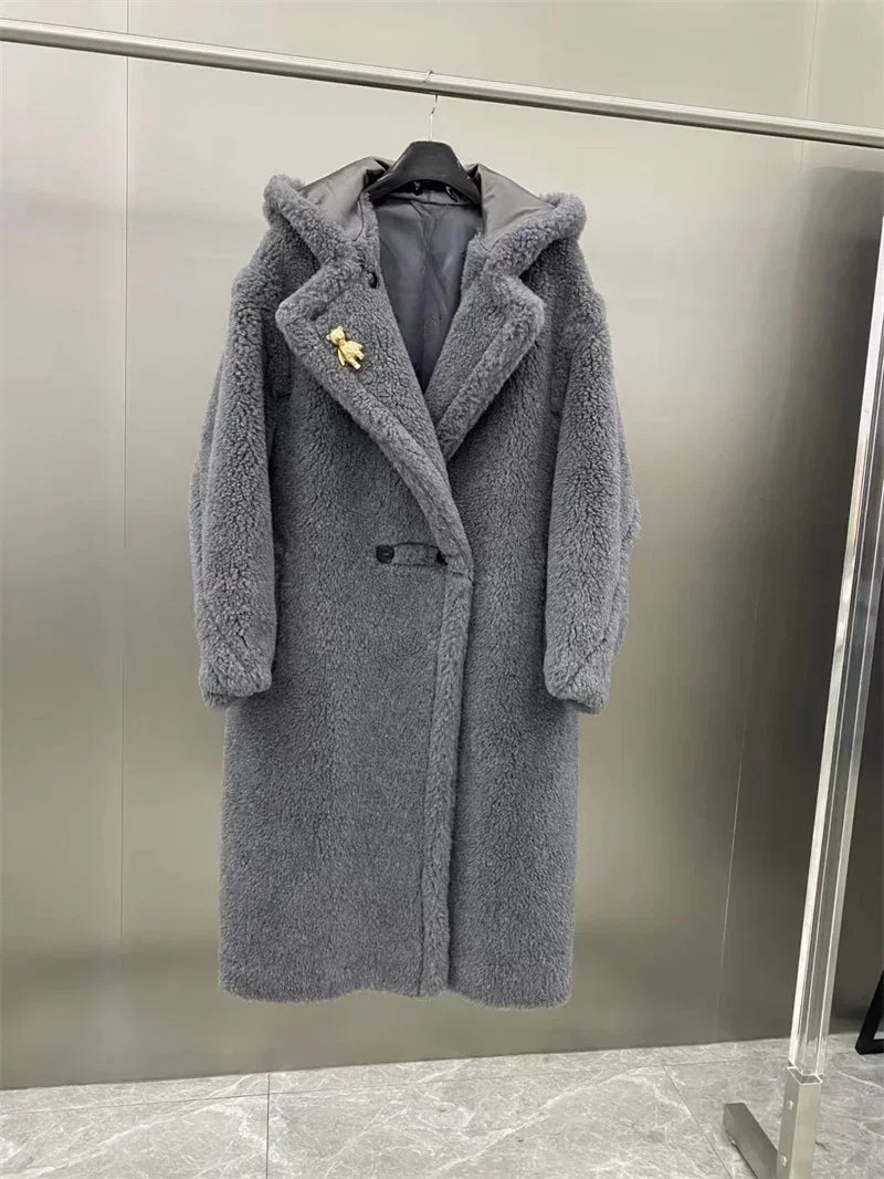 Manteau long femme doux à capuche style Teddy avec moufles assorties