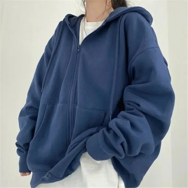 Sweat à Capuche Zippé Unisexe Ample avec Poches et Cordon Bleu Marine