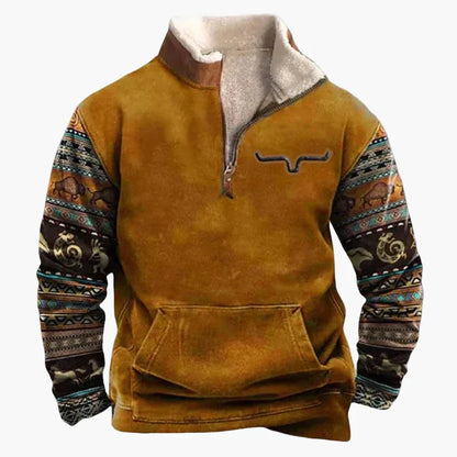 Fleece-trøje med lynlås i western-stil til mænd, ærmer med etniske mønstre, til afslappet brug
