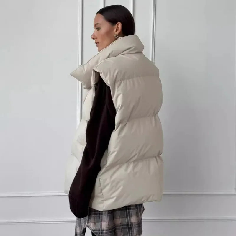 Gilet piumino da donna senza maniche, imbottito, con collo alto, grigio