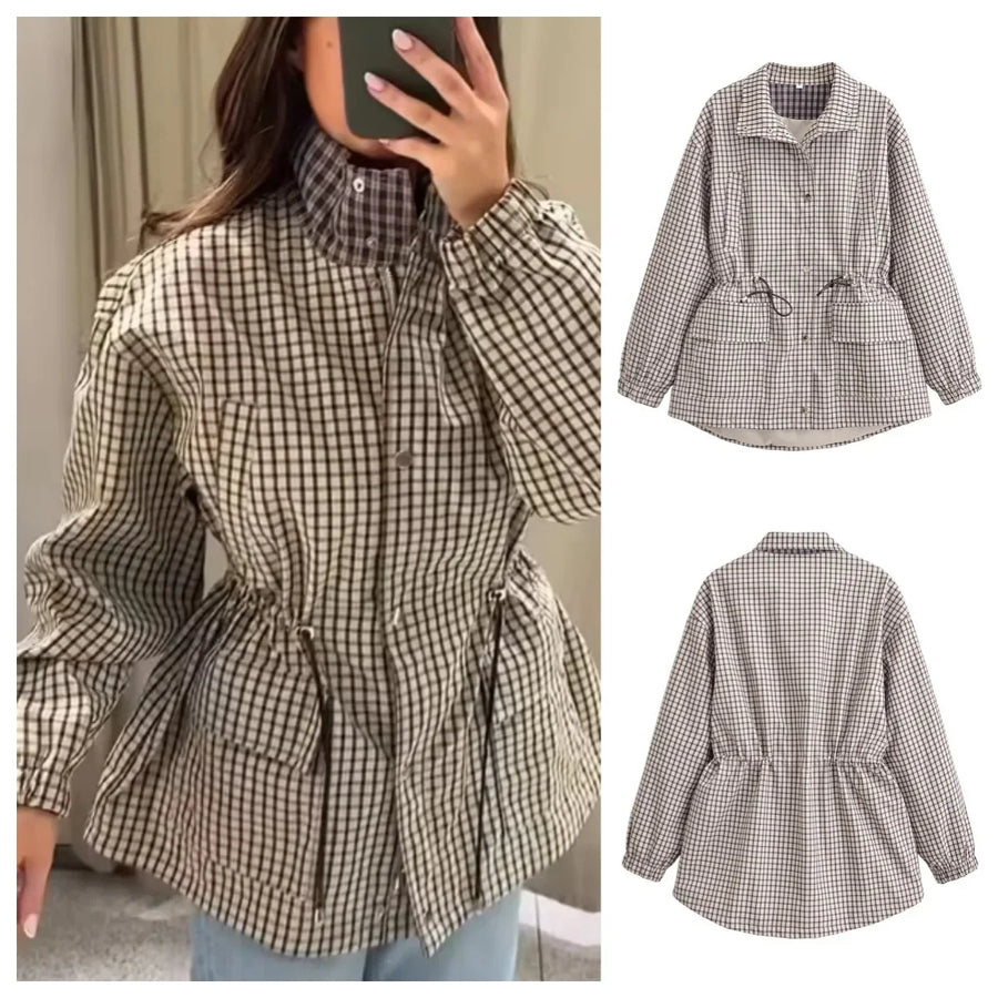 Veste légère femme à carreaux beige et noir avec cordon de serrage taille