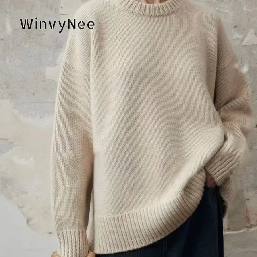Luźny damski sweter z dzianiny z okrągłym dekoltem, brązowy