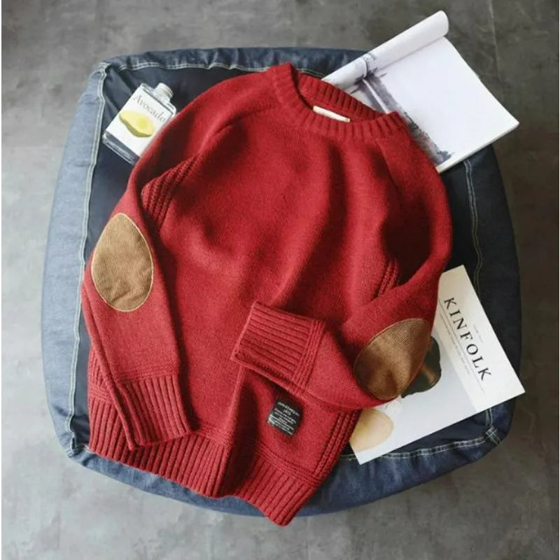 Pull homme col rond tricoté à coudières contrastantes