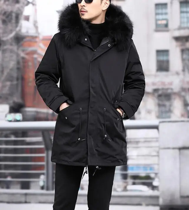 Parka nero da uomo con fodera spessa in finta pelliccia e cappuccio con bordo in pelliccia