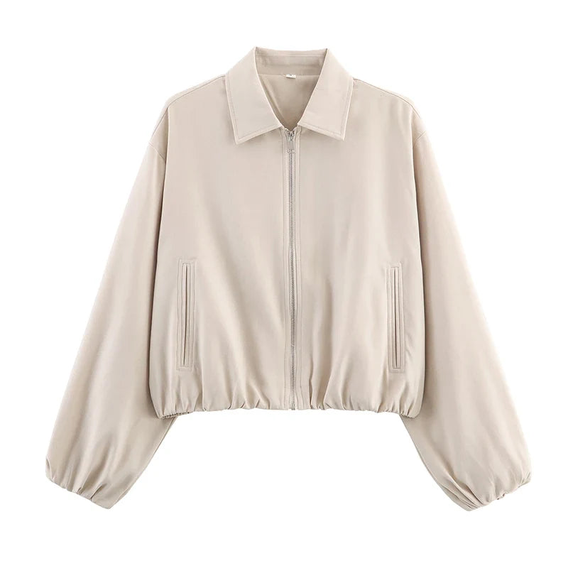 Women's Plain Short Women's Jacket with Zipper and Classic Collar