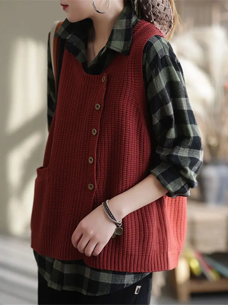 Gilet da donna senza maniche in maglia con bottoni e tasche