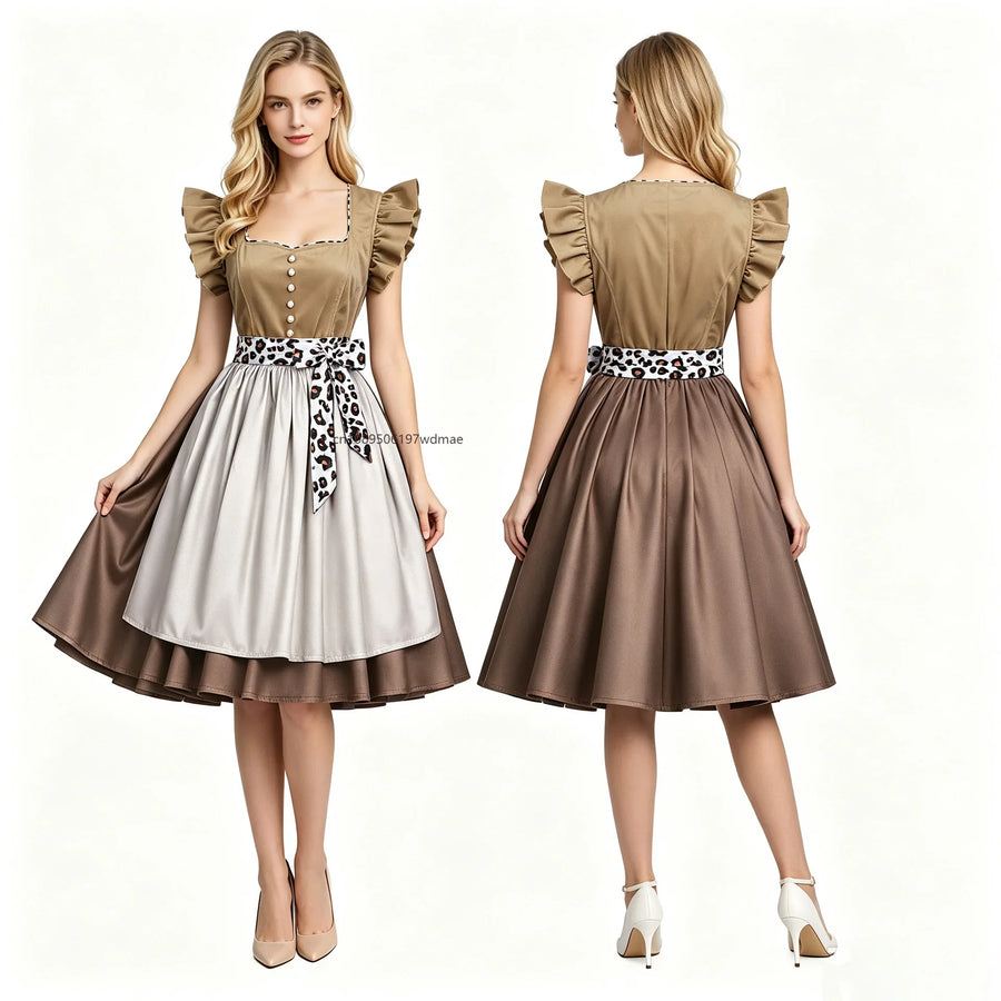 Abito dirndl tradizionale beige e marrone con grembiule leopardato da donna