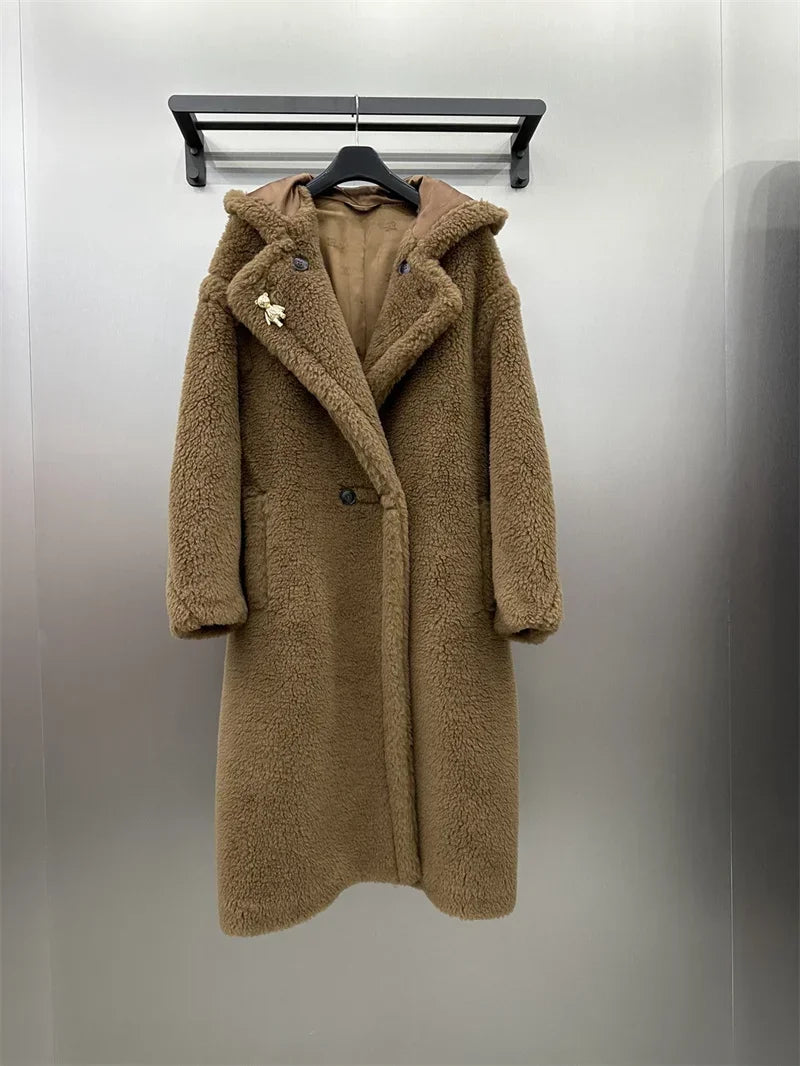Manteau long femme doux à capuche style Teddy avec moufles assorties