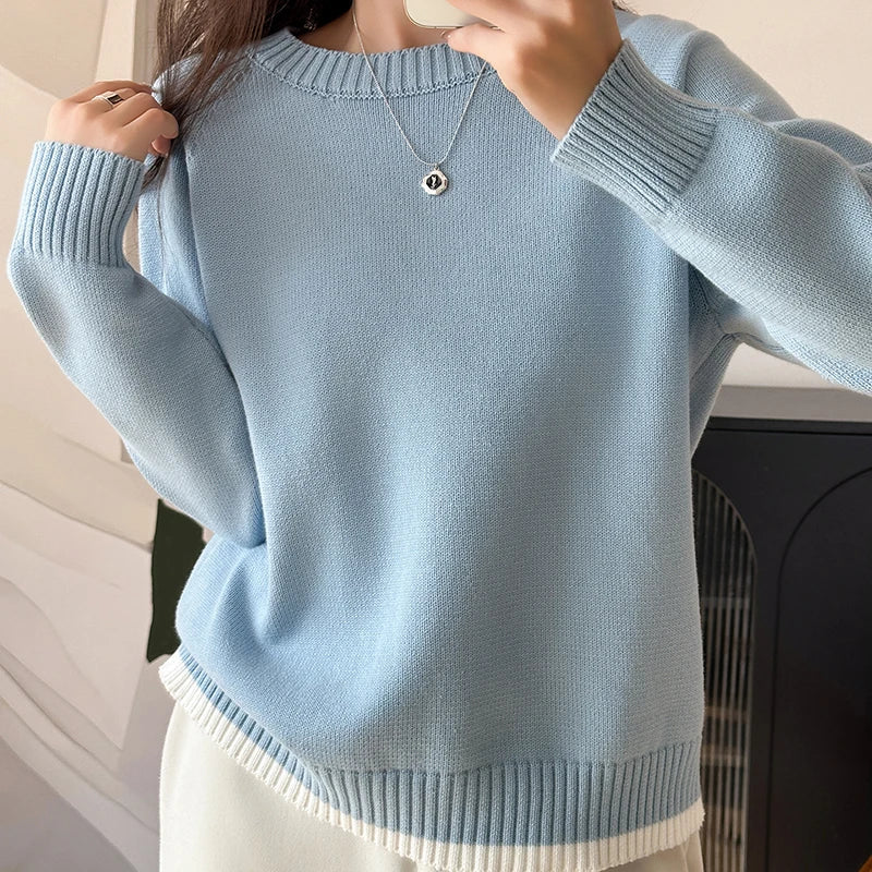 Pull femme col rond manches longues couleur unie ourlet contrastant tricot doux