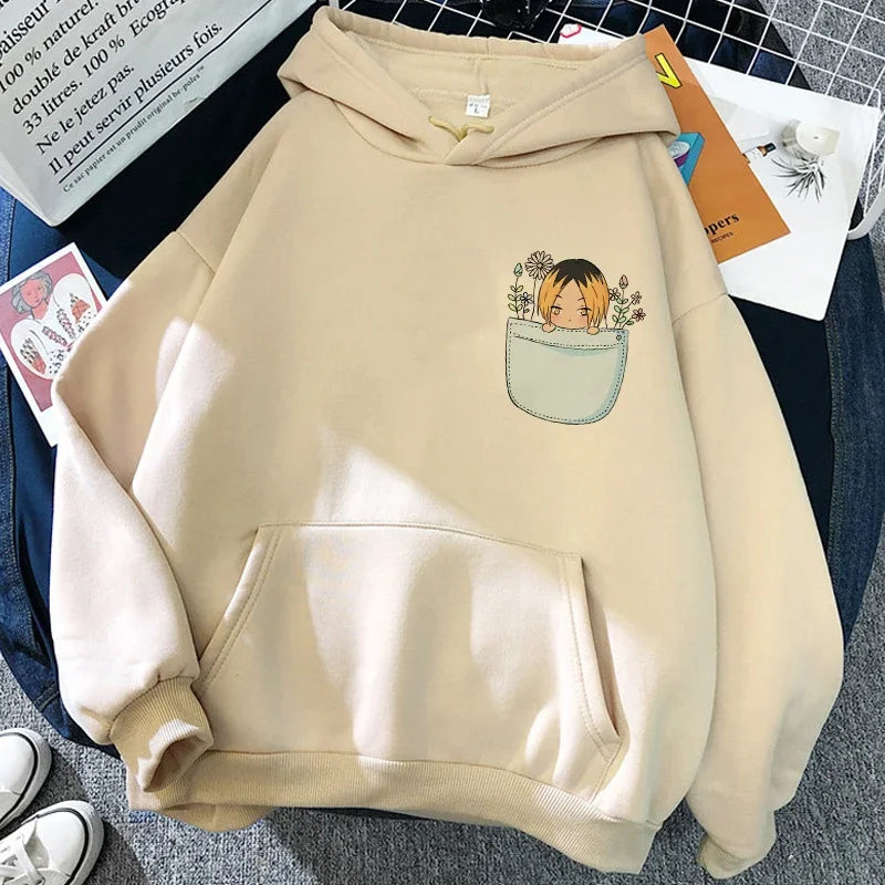 Unisex hettegenser med Haikyuu-grafikktrykk, avslappet stil