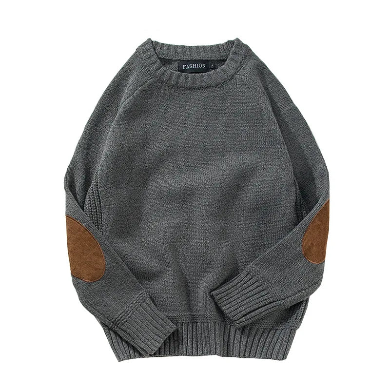 Pull homme col rond tricoté à coudières contrastantes
