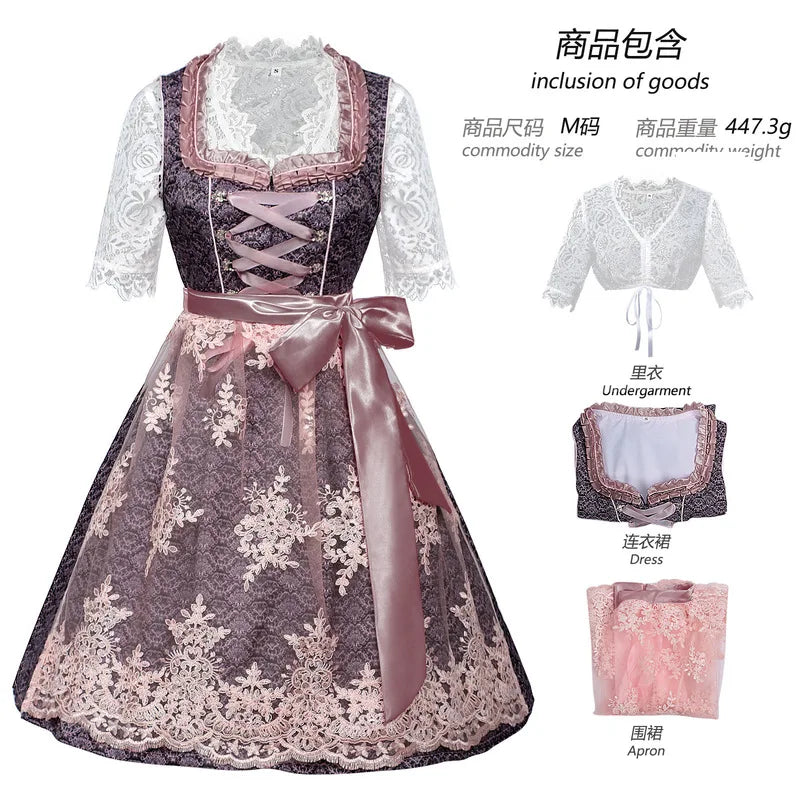 Traditionel dirndl-kjole til kvinder i rosa og grå med blonde og korte ærmer