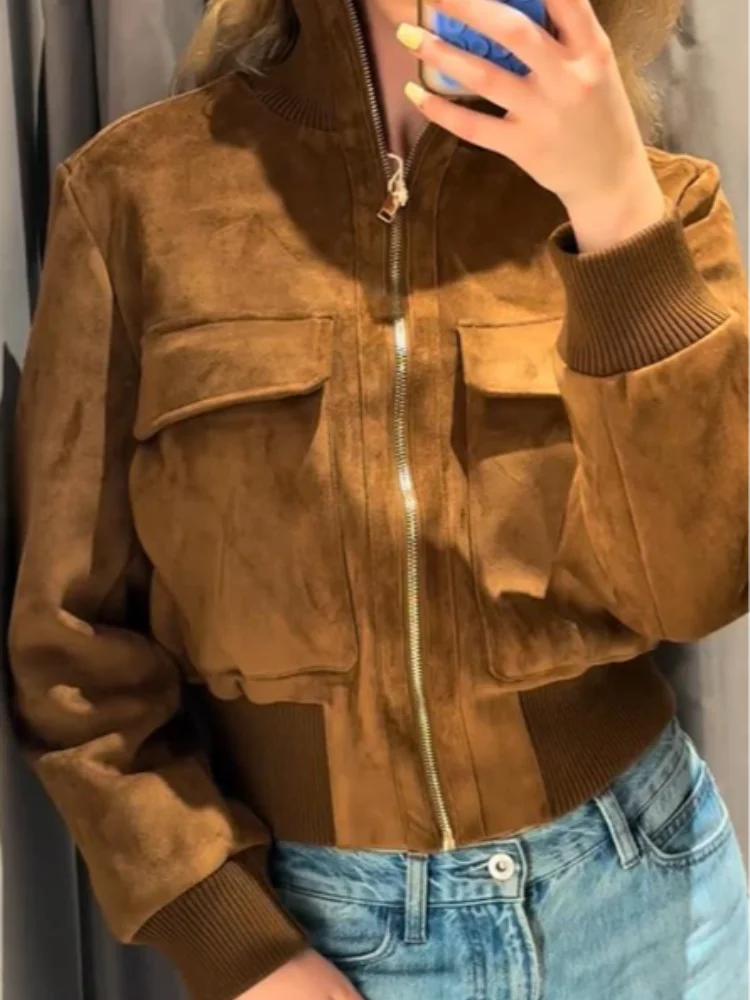Blouson Bomber Femme Courte Effet Daim Kaki avec Fermeture Éclair et Poches