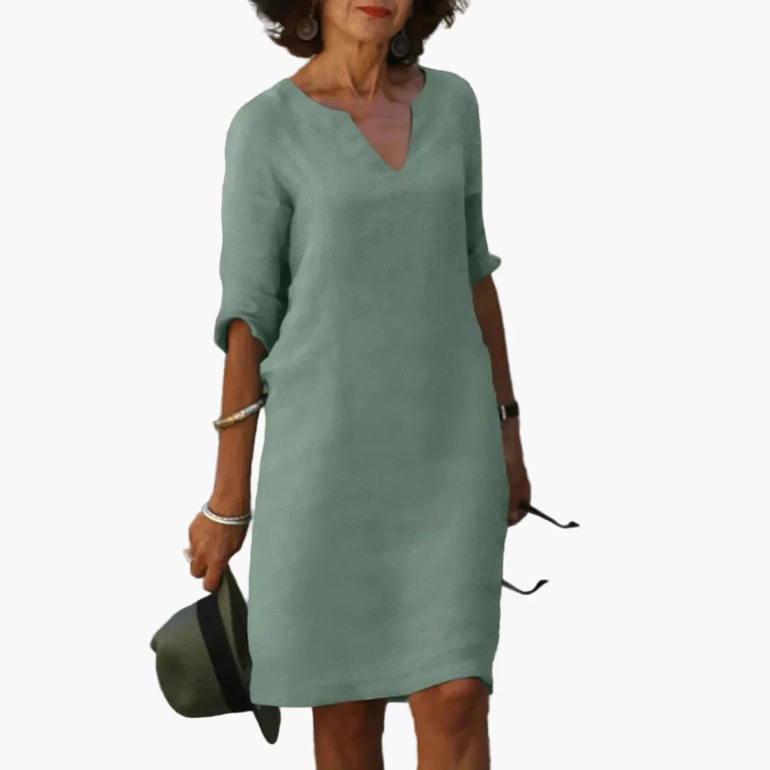 Robe Femme Élégante Décontractée à Col V et Manches 3/4 – Style Polyvalent pour Bureau et Loisirs