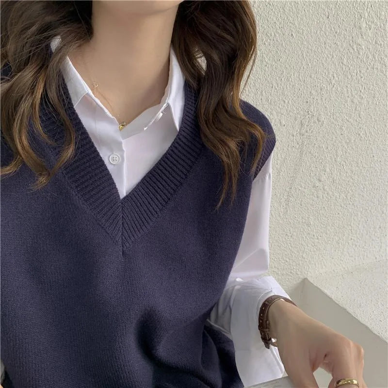 Damesgilet zonder mouwen van effen gebreide stof met V-hals, casual stijl