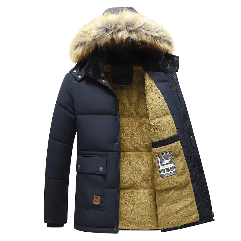 Warm Black Men's Winter Coat with Faux Fur-Trimmed Hood and Thick Lining