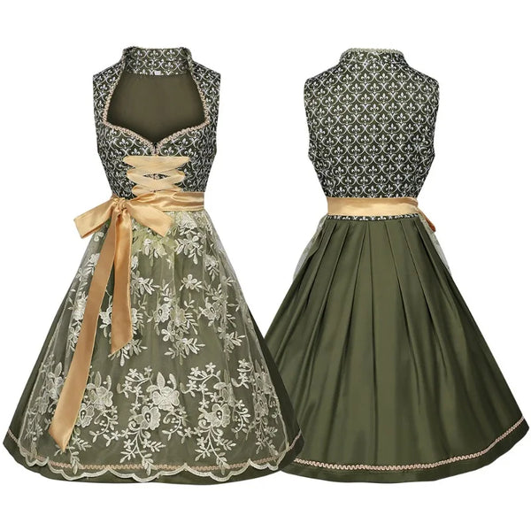 Robe Dirndl Traditionnelle Femme Vert Olive avec Nœud Doré et Broderies Florales