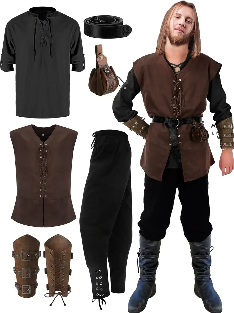 Costume medievale completo da uomo: giacca stringata, camicia, pantaloni, cintura e bracciale da polso