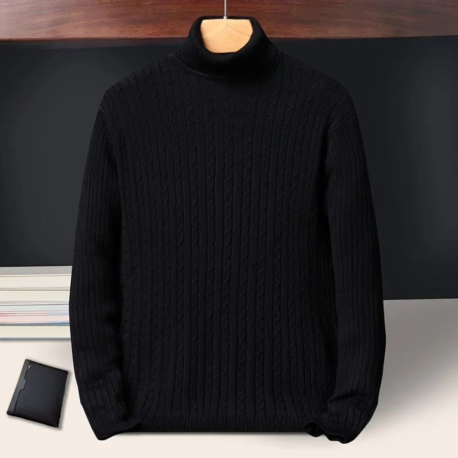 Pull Col Roulé Homme Torsadé Tricoté Couleur Unie Manches Longues