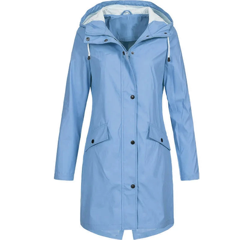 Imperméable long femme à capuche vert kaki avec poches et boutons-pression