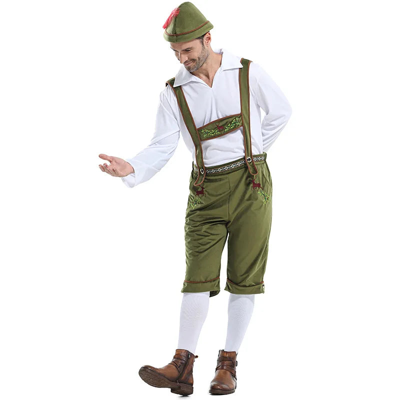 Bayerisches Herren-Kostüm mit Lederhose, Hosenträgern und Hut, einfarbig