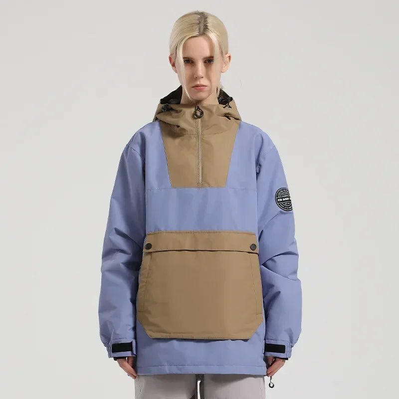 Damen-Anorak-Skijacke mit Kapuze, wasserdicht und winddicht, mit großer Fronttasche