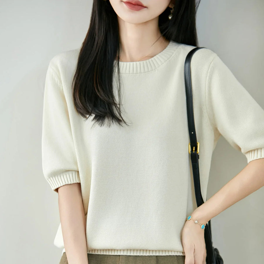 Maglione leggero donna a maniche corte in maglia lavorata a coste con scollo rotondo