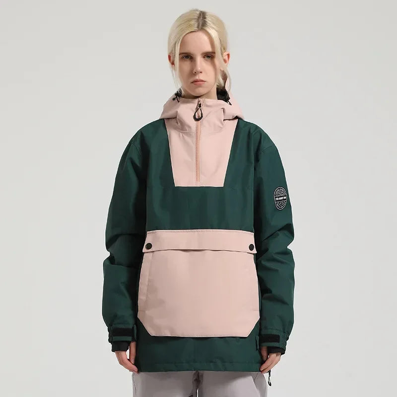 Damen-Anorak-Skijacke mit Kapuze, wasserdicht und winddicht, mit großer Fronttasche