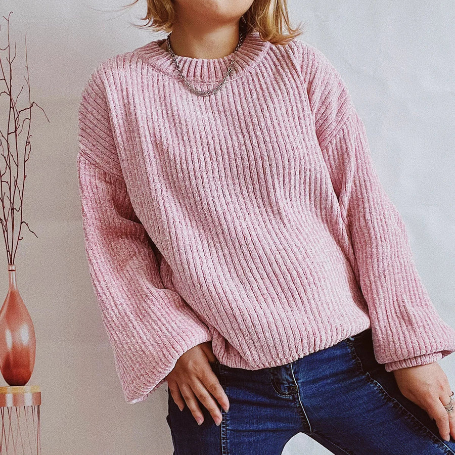 Pull côtelé ample pour femme Col rond Manches longues bouffantes