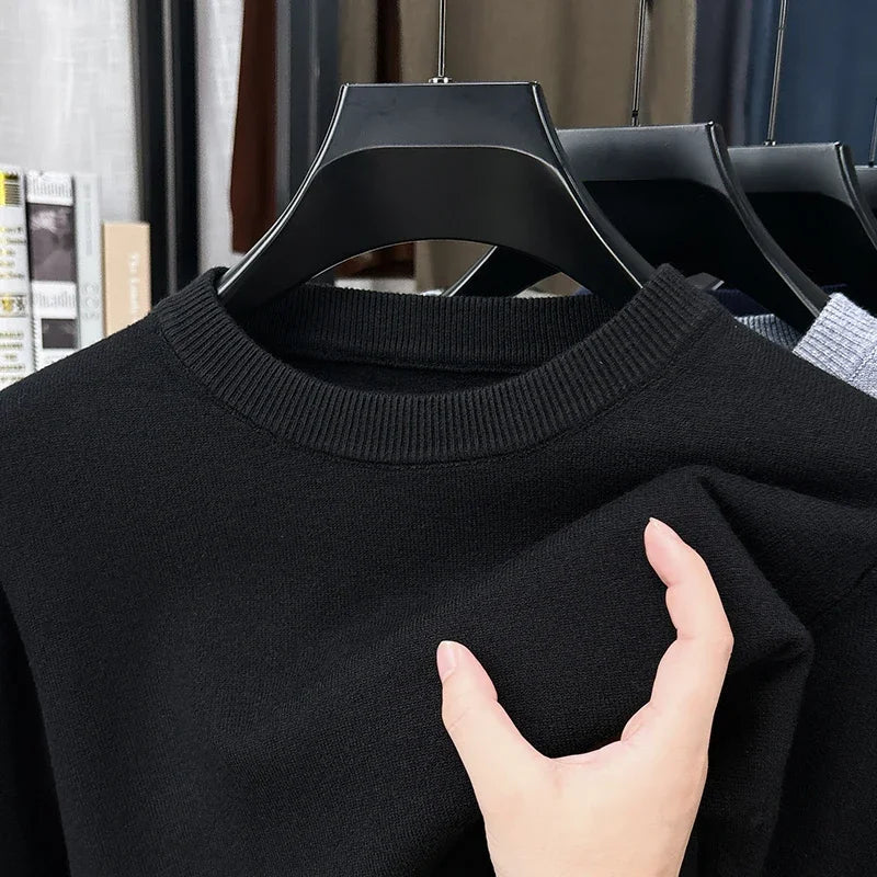 Jersey de hombre de cuello redondo, punto fino, beige jaspeado y mangas largas